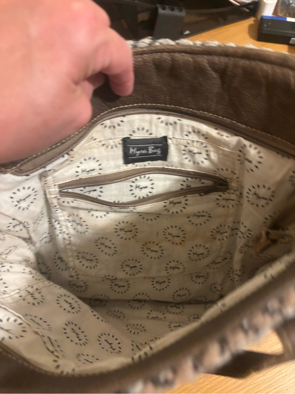Brown Geometric Pattern Tote with Heart Charm - Picture 10 of 11